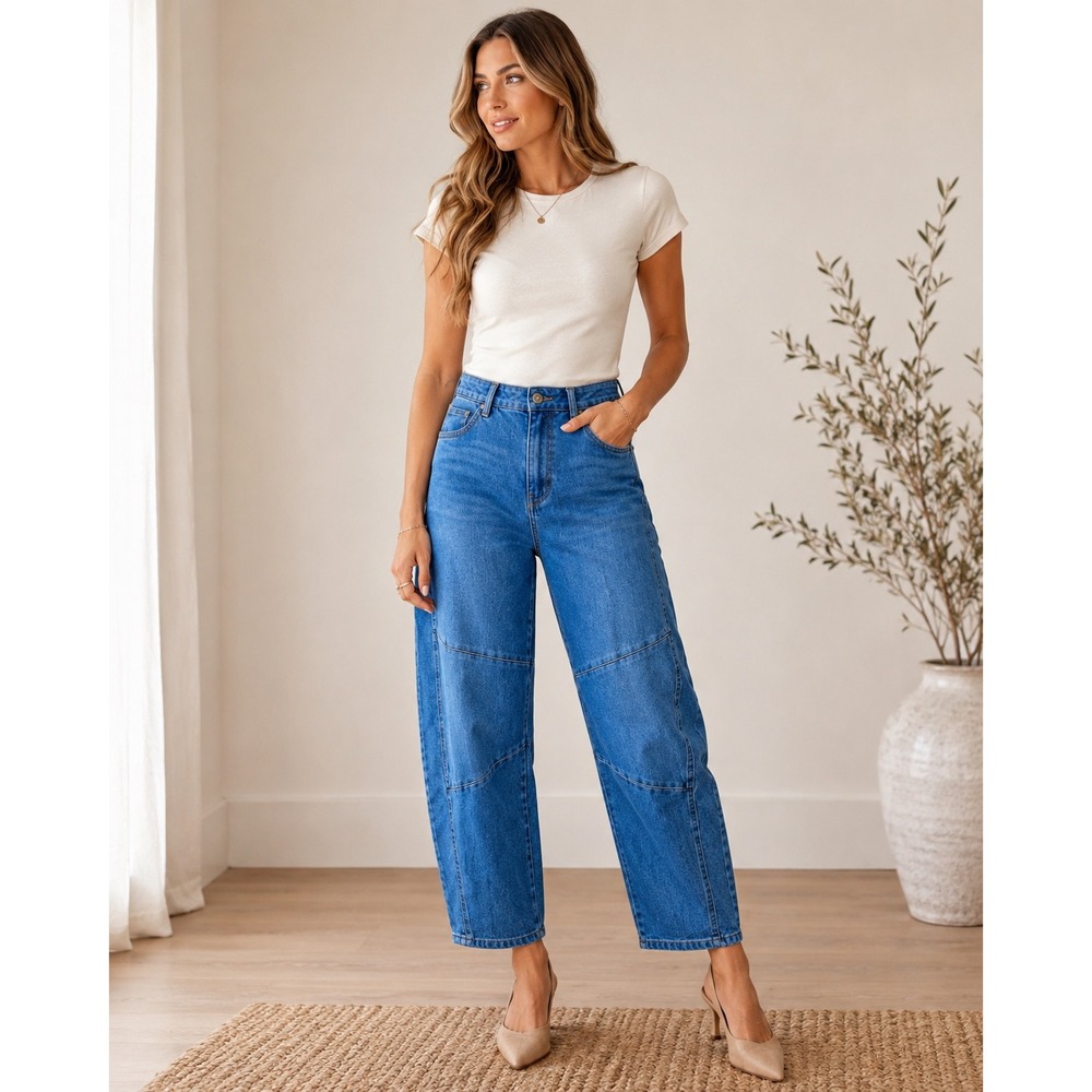 BCBGeneration‎ Womens Barrel Leg Jeans Medium Wash High Rise Seam Detail 5/27